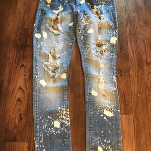 JC JQ Boutique jeans Distressed Jeans Chains Paint Splatter holes 13 juniors